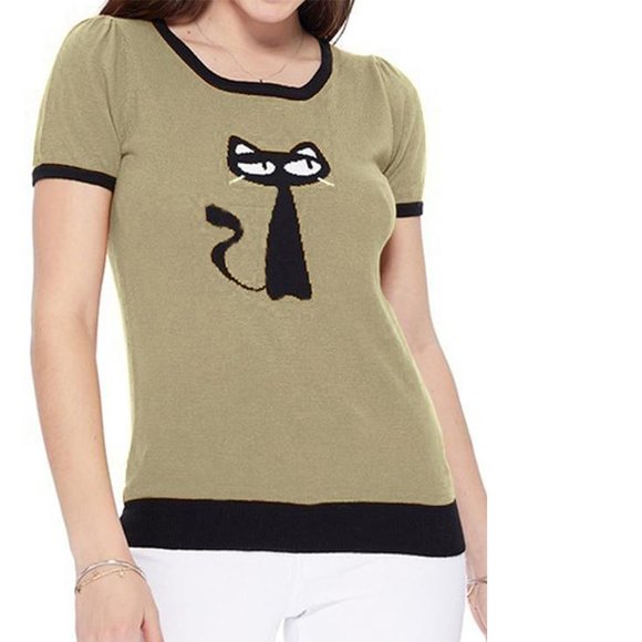 Women's Short Sleeve Crewneck Cat Print Casual T-Shirt Sweater - Picture 1 of 4
